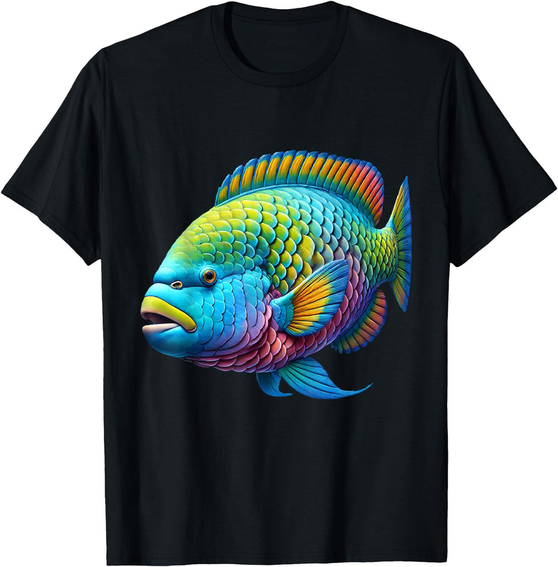 Parrotfish Lover Gifts and Apparel Multicolor Parrot Tropical Fishing T-Shirt, Unisex-Adults, Short Sleeve, T-Shirt, Small - Black