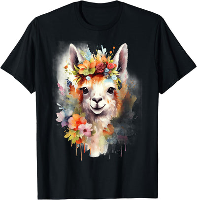 Llama Bloom Studio Cute Llama Floral Crown Watercolor Animal Art T-Shirt