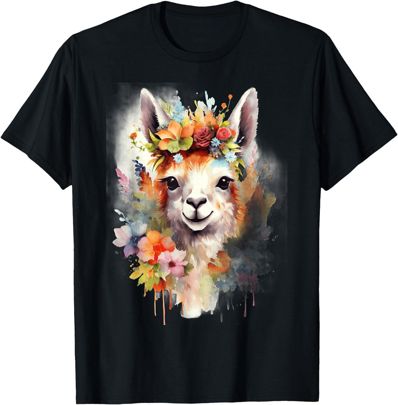 Llama Bloom Studio Cute Llama Floral Crown Watercolor Animal Art T-Shirt - Black