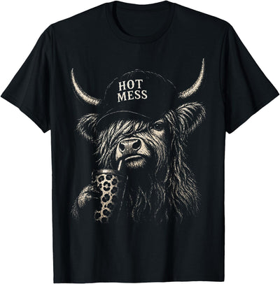 Hot Mess Highland Cow Funny Cute Coffee Lover Leopard Coffee T-Shirt