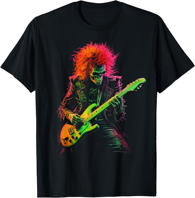 Rock Metal Skeleton Graphic Tees Skeleton Graphic Tee Playing Guitar Rock Band Halloween T-Shirt - Black