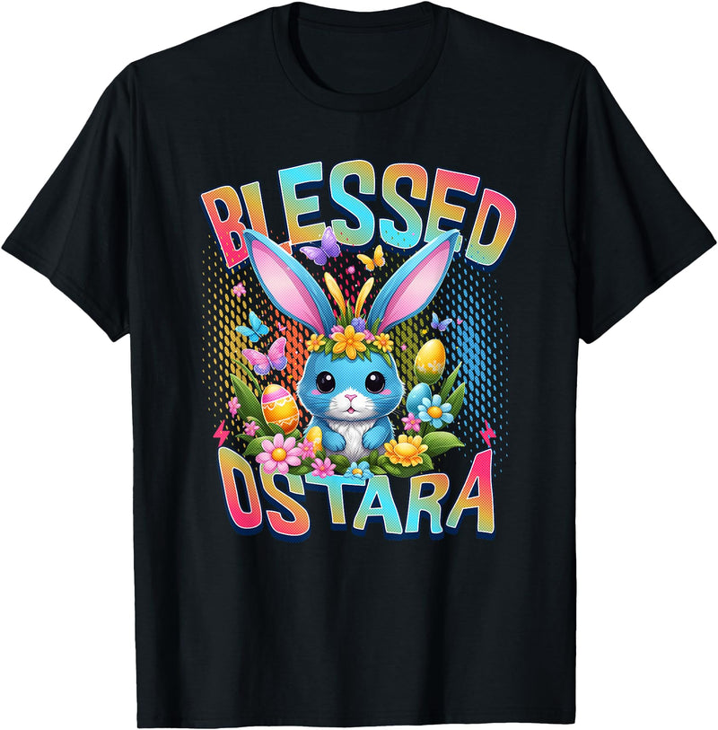 Blessed Ostara Cute Rabbit Bunny Floral T-Shirt in Black