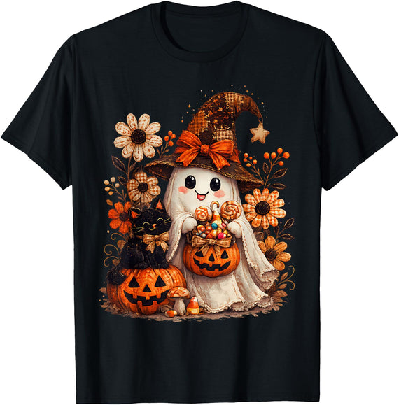 Halloween Design For Kids Cute Halloween Ghost Witch Pumpkin Kids Spooky Autumn T-Shirt - Black