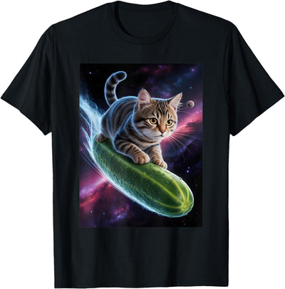 Cool Galaxy Cosmic Cat Flying Pickle Cucumber Cat Riding a Cucumber Pickle in Space Astronaut Kitten T-Shirt