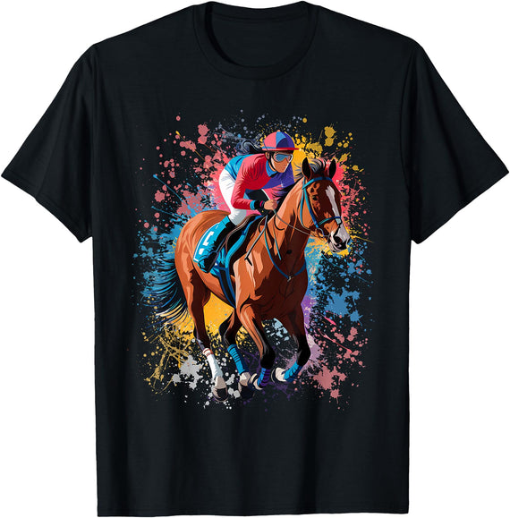 Horse Lover Gift Co. Colorful Jockey Girl on Womens Horse Racing T-Shirt - Black