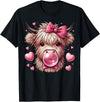 Highland Cow Land of NYC Highland Cow Valentines Blowing Bubble Bubblegum Hearts Bow T-Shirt - Black