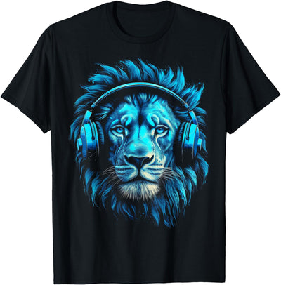 Lion Art Music Animal Headphones Blue Zoo Lion Motif T-Shirt