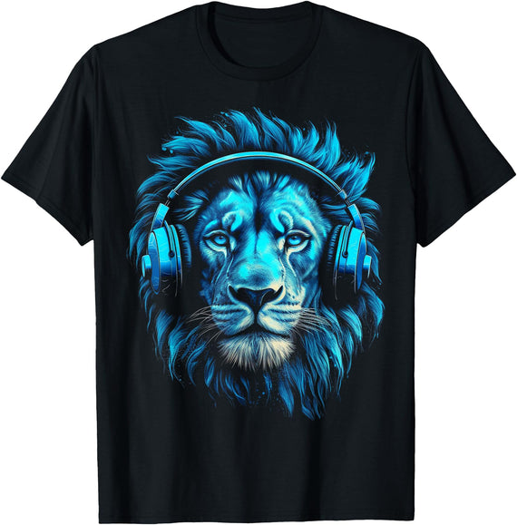 @n!mal Lion Art Music Animal Headphones Blue Zoo Lion Motif T-Shirt - As Pictured