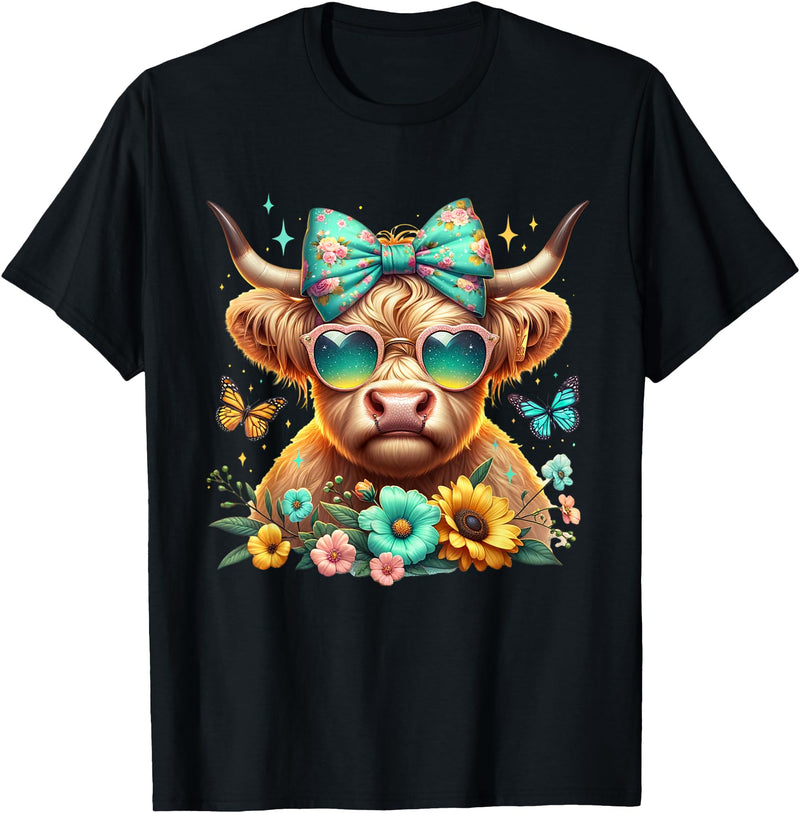 Highland Cow Land of NYC Highland Cow Mama Floral Bow Glasses Butterfly Orange Teal T-Shirt - Black
