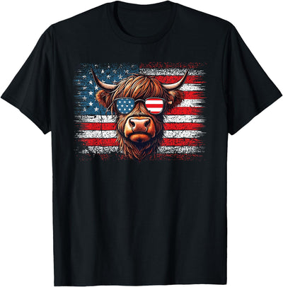 Funny Cute Highland Cow 4th of July Farmer Gifts American T-Shirt