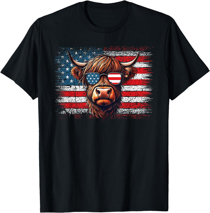 Funny Cute Highland Cow 4th Of July Farmer Gifts Highland Cow American Flag Farm Cow Lover Patriotic Vintage Style T-Shirt -