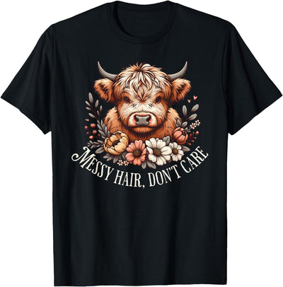 Messy Hair Cool Cowgirl Fun Don't Care Highland Cow Vintage T-Shirt