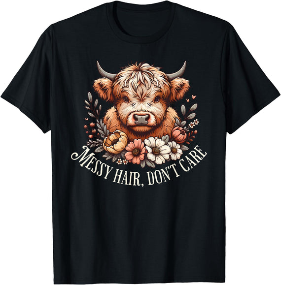 Messy Hair Cool Cowgirl Style Fun Fashion Messy Hair Don't Care Highland Cow Vintage Fashion Style T-Shirt - Black