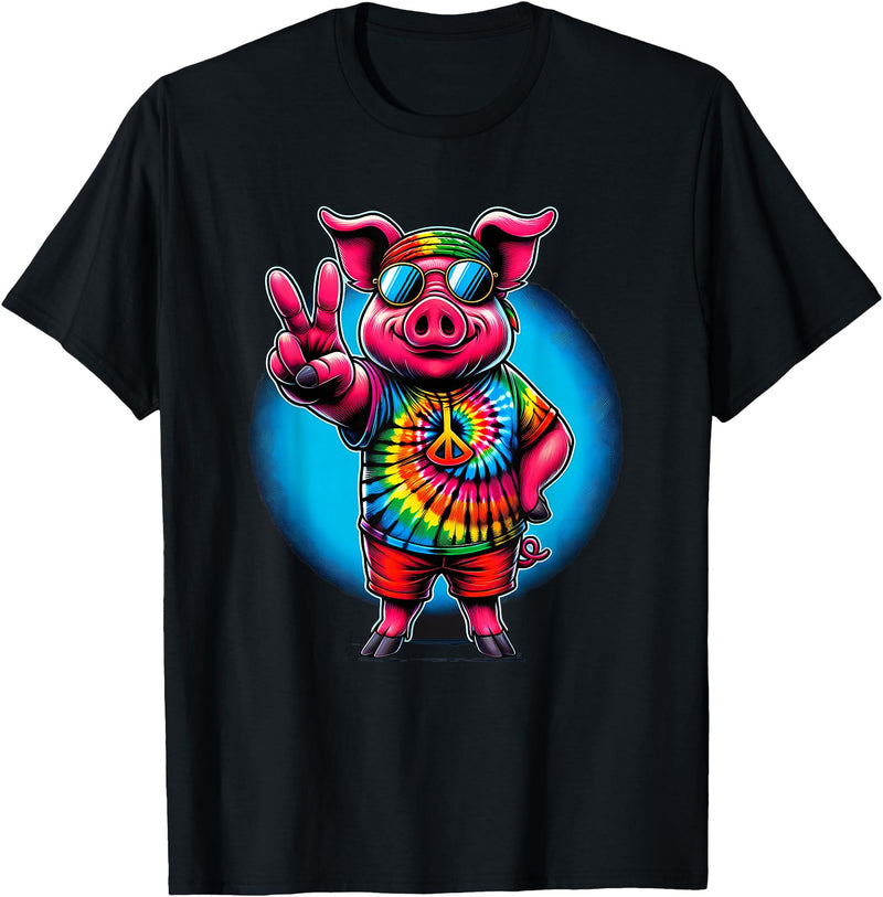 Pig Hippie Costumes Peace Sign Tie Dye Pig T-Shirt - Black