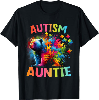 Autism Auntie Colorful Rainbow Auntie Bear Autism Awareness T-Shirt