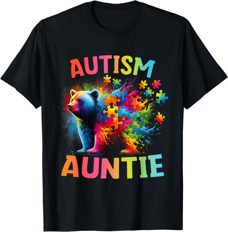 Colorful Rainbow Family Bear Autism Awareness Autism Auntie Colorful Rainbow Auntie Bear Autism Awareness T-Shirt - Black