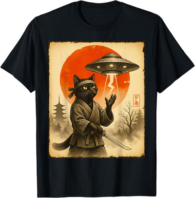 Samurai Whiskers Co. Samurai Black Cat Alien UFO Japanese Warrior Cat Mom Cat Dad T-Shirt