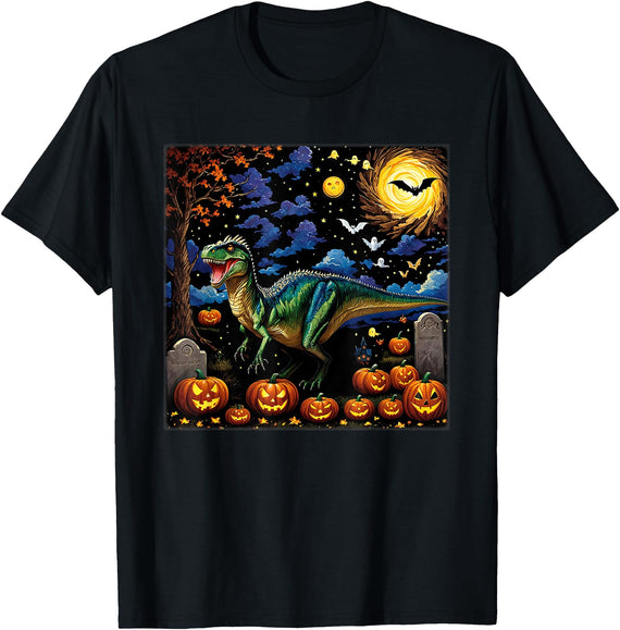 Starry Night Velociraptor Halloween Spooky Halloween Velociraptor Starry Night T-Shirt - Black