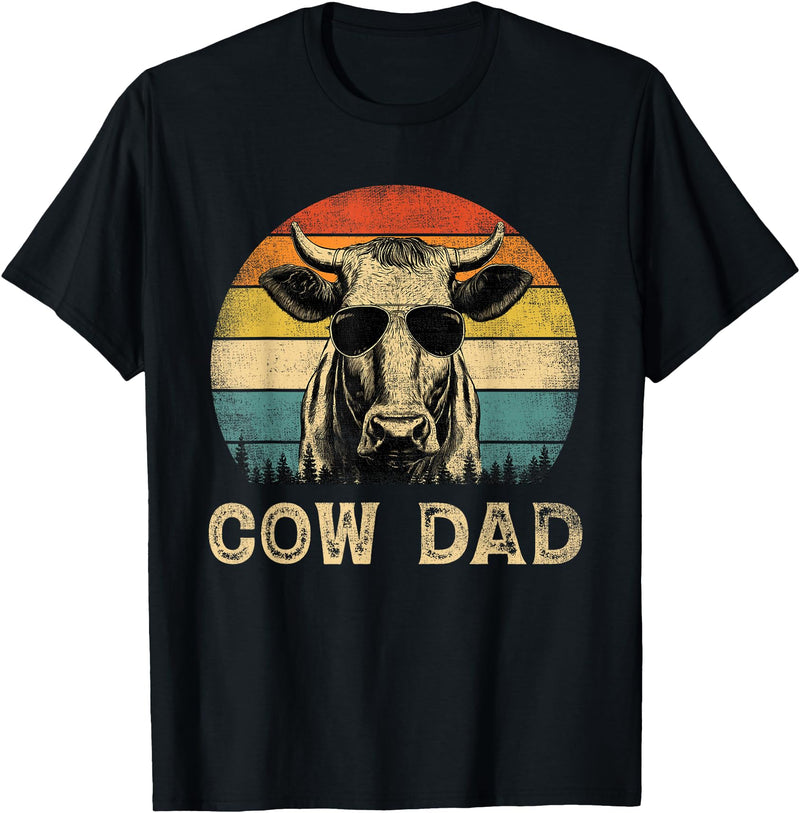 Cow Dad Vintage Retro Fathers Day Funny Gift Vintage Cow Dad Cow Lovers Daddy Father's Day T-Shirt - Black