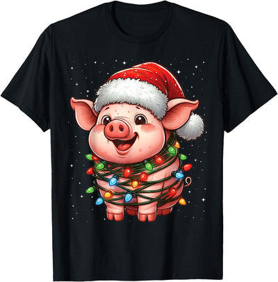 Pig Christmas Lights Santa Hat Xmas Snow T-Shirt