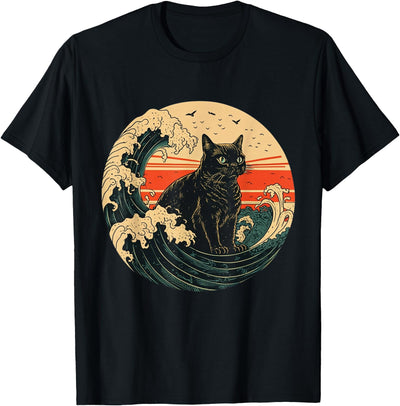 black Cat Japanese Art The Great Wave off Kanagawa Funny Japanese Cat Art The Great Wave off Kanagawa Black Cat T-Shirt