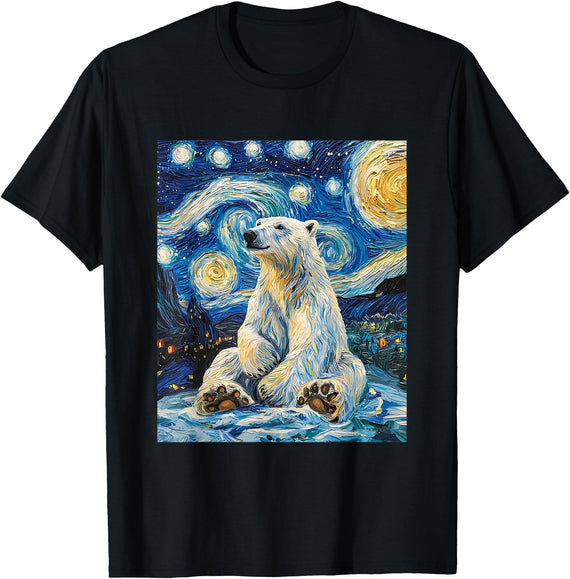 Bear Designs. Cute Polar Bear Van Gogh Style Starry Night Funny Graphic T-Shirt - Black