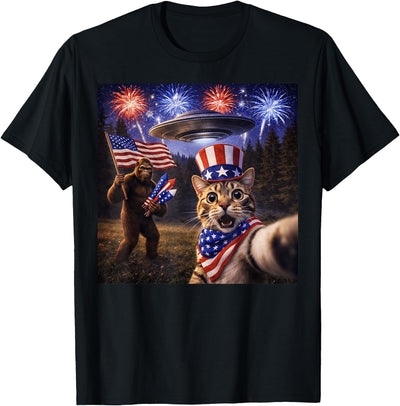 4th Of July Cat Bigfoot UFO Fireworks Funny 4th of July Cat Bigfoot UFO Men Women Kids T-Shirt