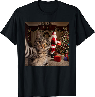 Threadrock Christmas Cat Selfie with Santa Claus Cute Holiday Photo T-Shirt