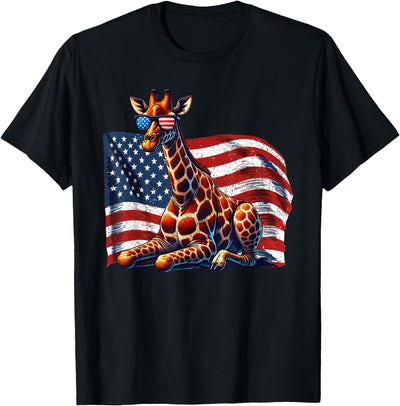 Vintage Giraffe USA Flag Animals Lovers Patriotic Sunglasses T-Shirt