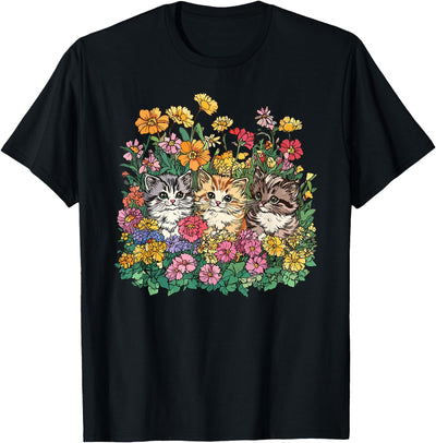 Floral Feline Nature Garden Harmony Floral Cats In Garden T-Shirt