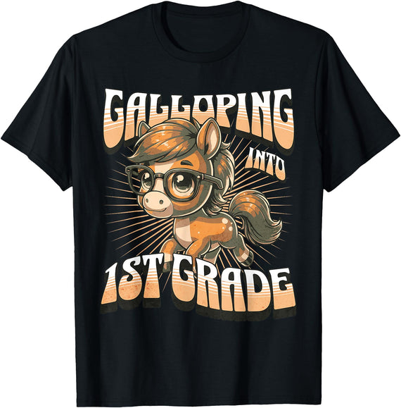 Galloping Into 1st Grade Cute Horse Back to School Kids T-Shirt - Black