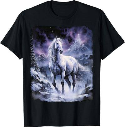 Fantasy Art Design Horse Snow Nature Mountain Beautiful white Horse standing in a snowy hill by night T-Shirt