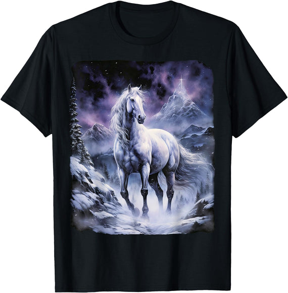 Fantasy Art Design Horse Snow Nature Mountain Beautiful white Horse standing in a snowy hill by night T-Shirt - As Pictured