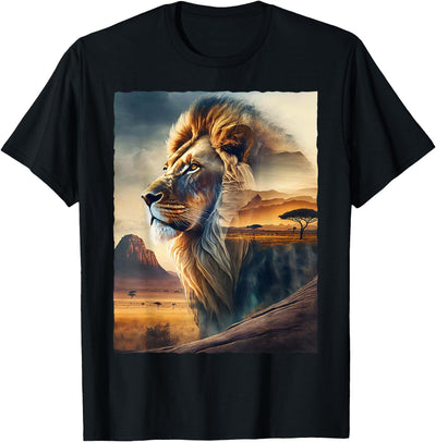 African Safari Lion Double Exposure Savanna Wildlife T-Shirt