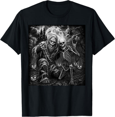 Funny Bigfoot Skeleton Halloween shirts Men Boy Bigfoot Skeleton Selfie Spooky Rock On Halloween Men Boy Kid T-Shirt