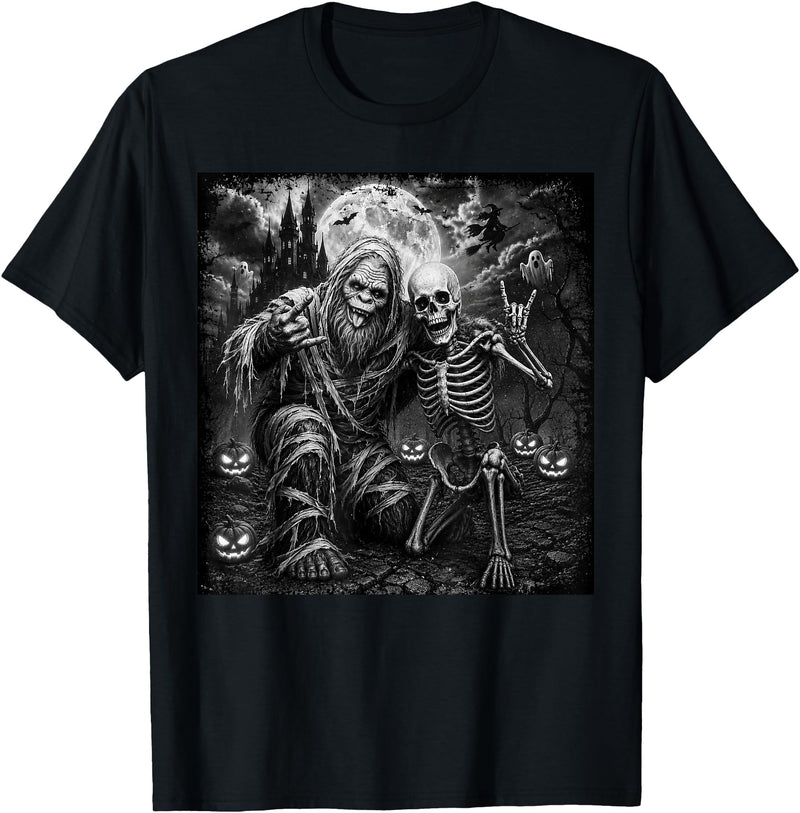 Funny Bigfoot Skeleton Halloween shirts Men Boy Bigfoot Skeleton Selfie Spooky Rock On Halloween Men Boy Kid T-Shirt - Black