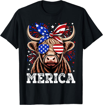 Patriotic Highland Cow T-Shirt - Vintage Americana Design