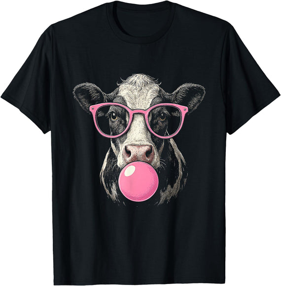 Cool Cow Face Eating Gum Funny Cool Cow Bubble Gum Glasses Retro Farm Animal T-Shirt - As Pictured