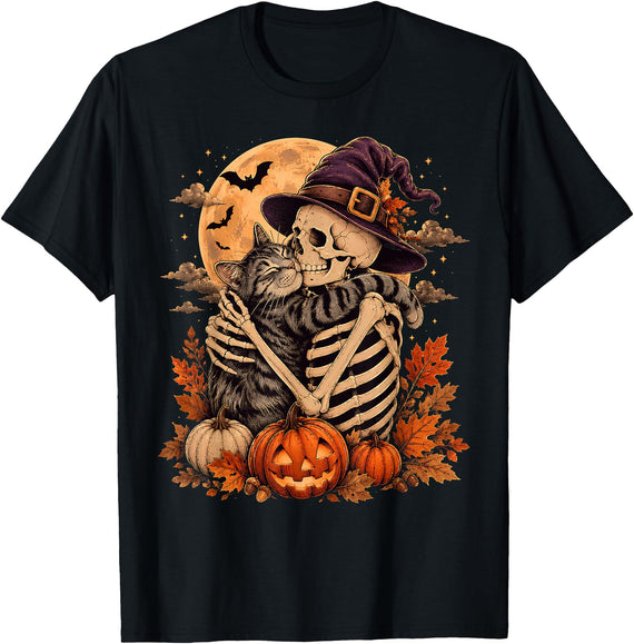 Vintage Spooky Halloween Cat Lover Autumn Cute Skeleton Hugging Cat Halloween Witch hat Pumpkin Moon T-Shirt - Black