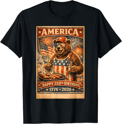 Celebrate 250 Years with Fun Bear BBQ Graphic T-Shirt