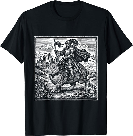 Funny Medieval Knight Rabbit Castle Fantasy Renaissance Fair T-Shirt in Black