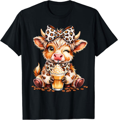 Cute Highland Cow Coffee Addict Leopard Bow Funny Drink T-Shirt