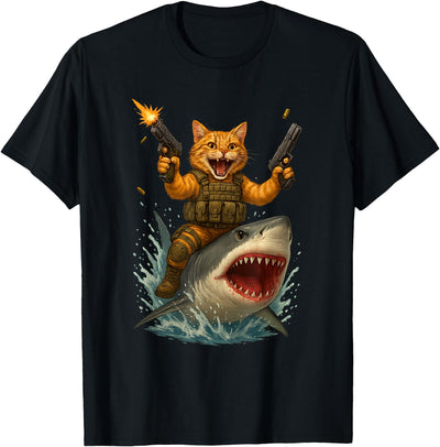 Funny Cat Riding Shark Design Tees Co. Funny Cat Riding Shark Design Boys Men Women Kids T-Shirt