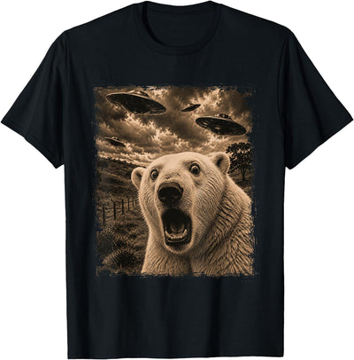 Funny Polar Bear Graphic Alien UFO Vintage Evidence Photo T-Shirt