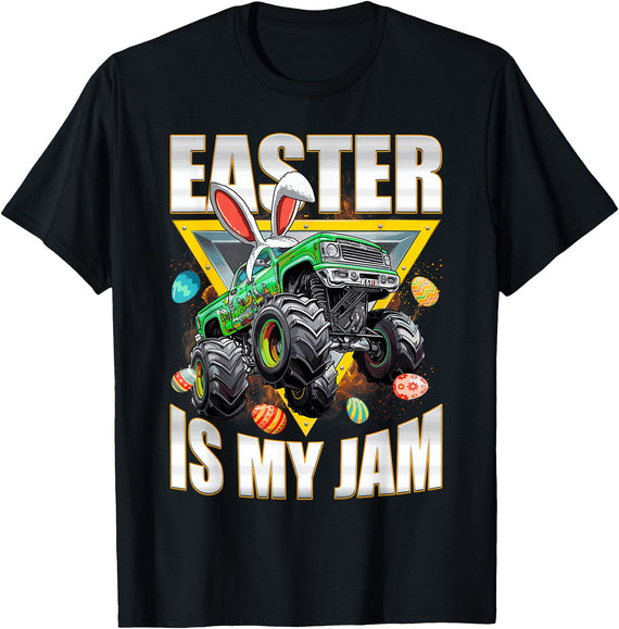 Funny Monster Truck Bunny Ears Eggs Happy Easter Day Trucks T-Shirt in Black