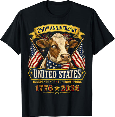 Patriotic 250 Years of Freedom 1776 2026 America Cow T-Shirt