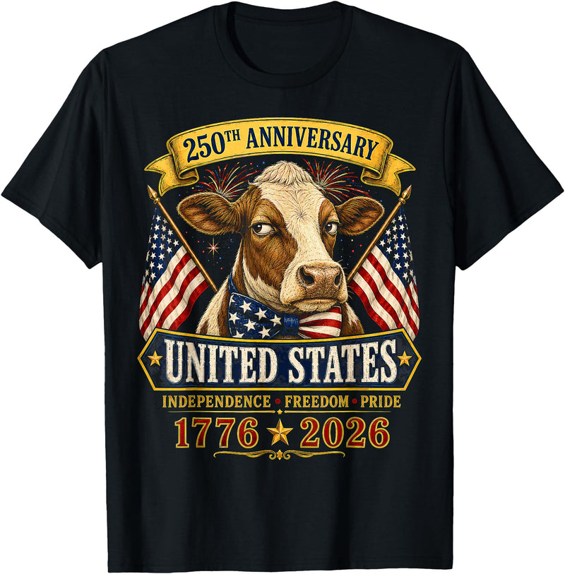 Patriotic 250 Years of Freedom 1776-2026 250 Years America Cow Patriotic USA 4th of July T-Shirt - Black