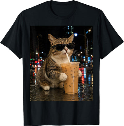 Cat Drinking Iced Coffee Funny Cat Kitten Lover Funny Cat Drinking Iced Coffee Funny Cat Lover Animal Meme T-Shirt