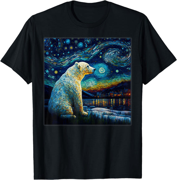 Freestyle Surrealism Starry Night Polar Bear T-Shirt - Black