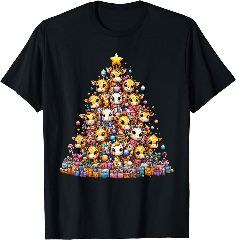 Giraffe Lovers Christmas Costume For Boy Girl Cute Giraffe Christmas Tree Womens Mens Kids Funny T-Shirt - Black